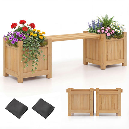 Wooden Planter Bench with 2 Side Planters, Teak Oil Finish