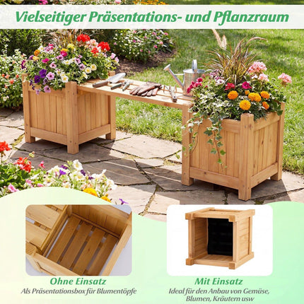 Wooden Planter Bench with 2 Side Planters, Teak Oil Finish