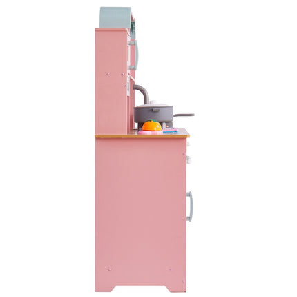 Wooden Play Kitchen Set, Lights Sounds, 24-Piece, Pink