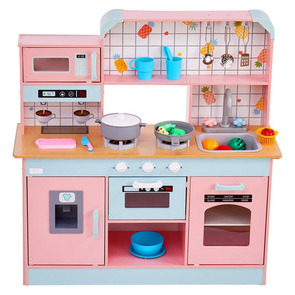Wooden Play Kitchen Set, Lights Sounds, 24-Piece, Pink