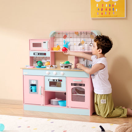 Wooden Play Kitchen Set, Lights Sounds, 24-Piece, Pink