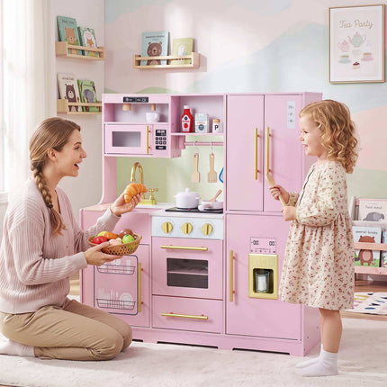 Wooden Play Kitchen for Kids with Lights and Sounds, Ice Dispenser, Pink