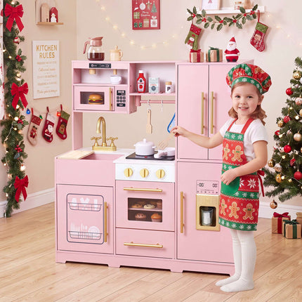 Wooden Play Kitchen for Kids with Lights and Sounds, Ice Dispenser, Pink