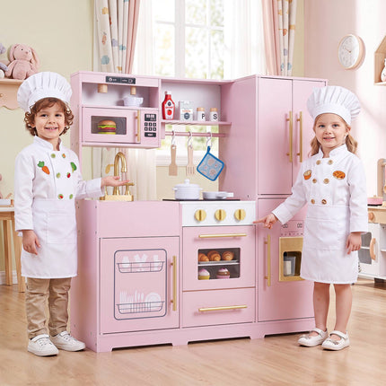 Wooden Play Kitchen for Kids with Lights and Sounds, Ice Dispenser, Pink