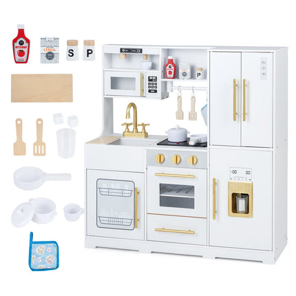 Wooden Play Kitchen for Kids with Lights and Sounds, Ice Dispenser, White
