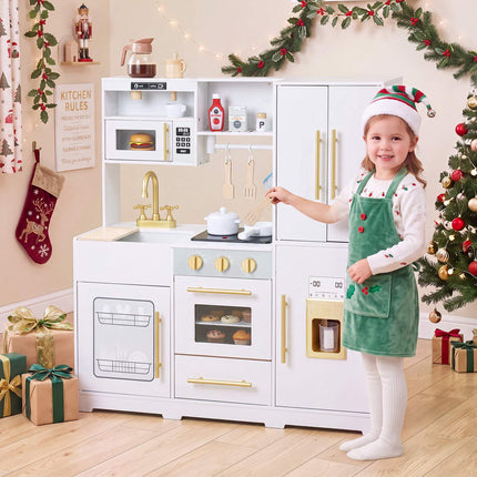 Wooden Play Kitchen for Kids with Lights and Sounds, Ice Dispenser, White