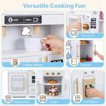 Wooden Play Kitchen for Kids with Lights and Sounds, Ice Dispenser, White