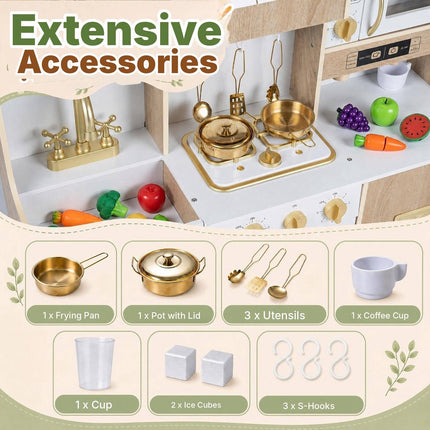 Wooden Play Kitchen with Ice Maker and Coffee Maker, Natural-White, Ages 3+