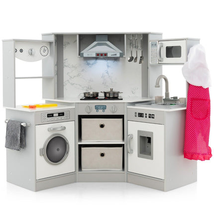 Wooden Play Kitchen with Light, Sound, Water Dispenser & Washer