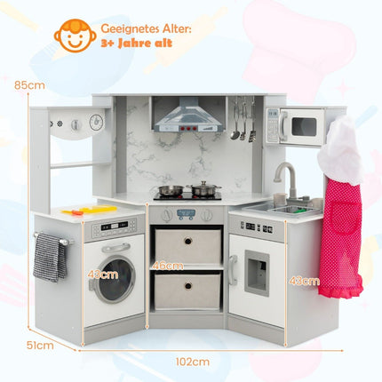 Wooden Play Kitchen with Light, Sound, Water Dispenser & Washer