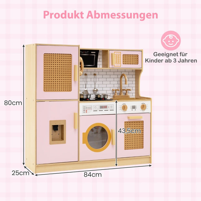 Wooden Play Kitchen with Rattan Doors, Light & Sound, Pink
