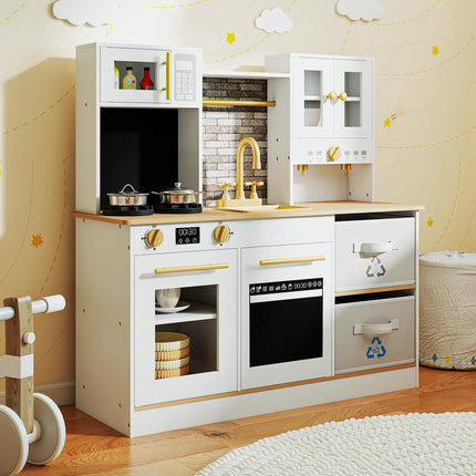 Wooden Play Kitchen with Sink, Lights, Sounds, Storage