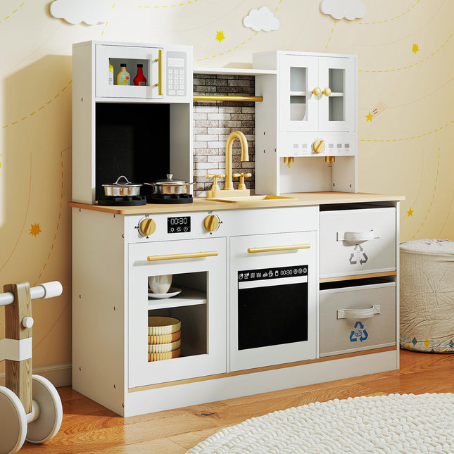 Wooden Play Kitchen with Sink, Lights, Sounds, Storage