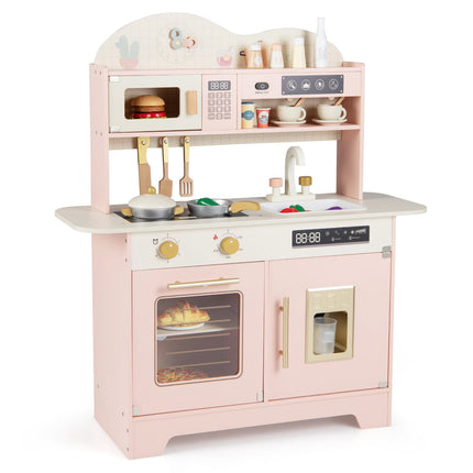 Wooden Play Kitchen with Storage & 17 Accessories, Pink