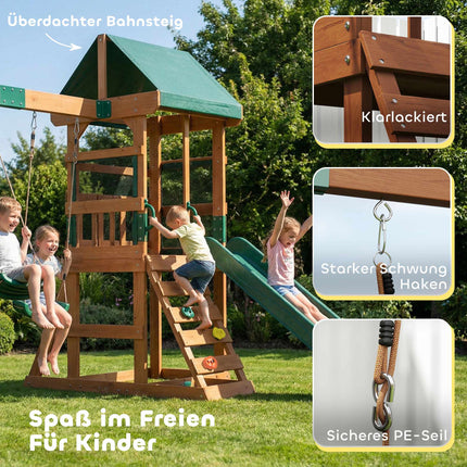 Wooden Play Tower with Slide, Swings, Climbing Wall for Kids
