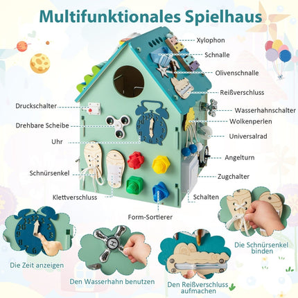 Wooden Playhouse with Sensory Games and Storage for Kids