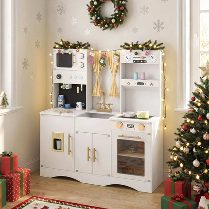 Wooden Pretend Play Kitchen Set with Microwave & Coffee Maker