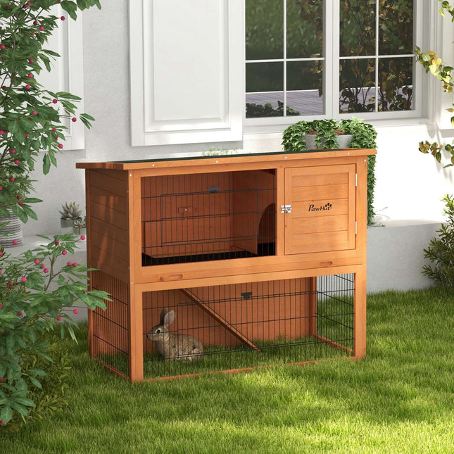 Wooden 2-story rabbit hutch with outdoor roof