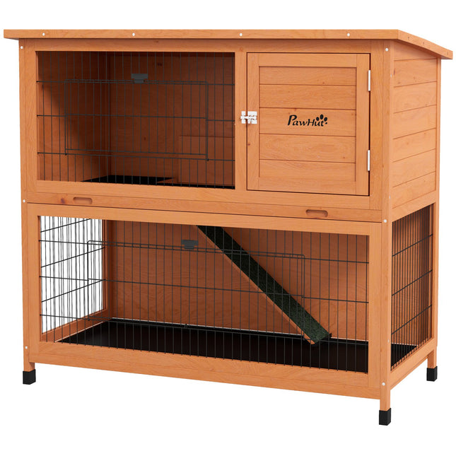 2-story wooden rabbit hutch with outdoor ramp