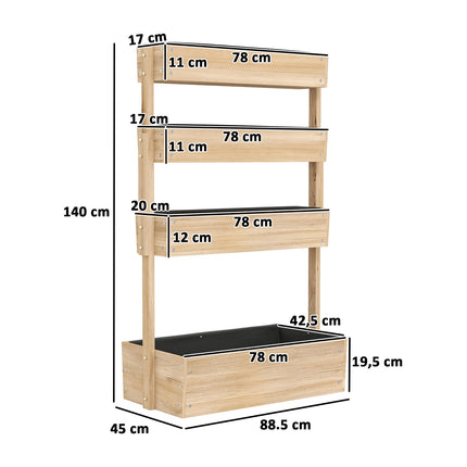 Raised wooden garden bed with drainage, 4 levels, 88x45x140 cm