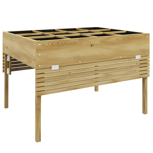Raised wooden garden bed with 12 dividers and cold frame