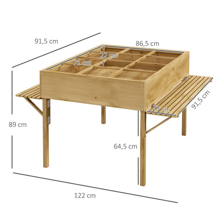 Raised wooden garden bed with 12 dividers and cold frame