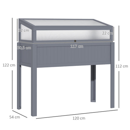 Raised wooden garden bed with cold frame greenhouse, gray
