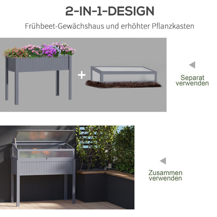 Raised wooden garden bed with cold frame greenhouse, gray
