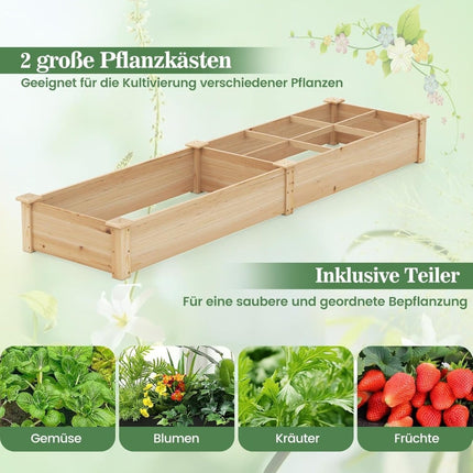 Wooden Raised Garden Bed with 2 Planters, 228x62x25 cm