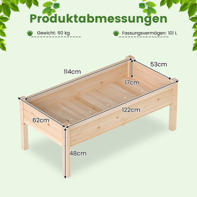 Wooden Raised Garden Bed with Drainage Holes, 122x62 cm