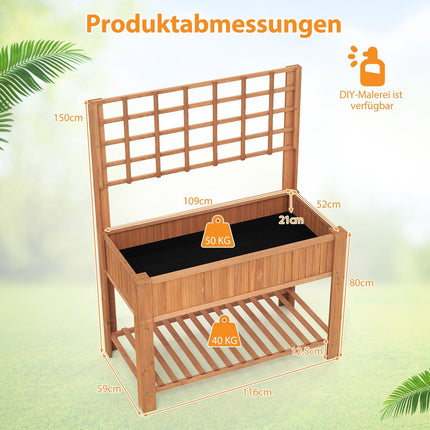 Wooden Raised Garden Bed with Trellis & Drainage Holes