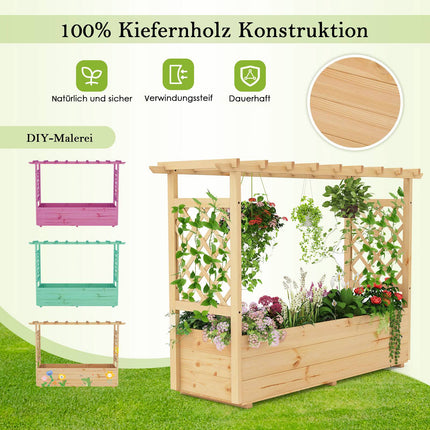 Wooden Raised Garden Bed with Trellis and Drainage, 150x50x104 cm