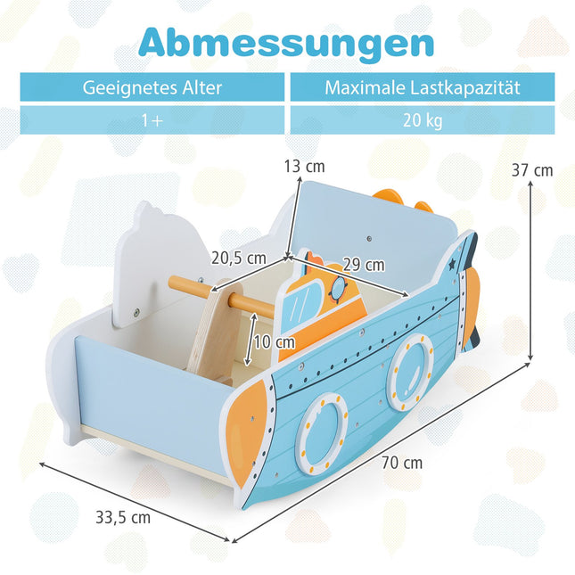 Houten schommelboot voor kinderen met draaiende propeller