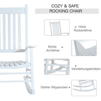 White wooden rocking chair with armrests for garden relaxation