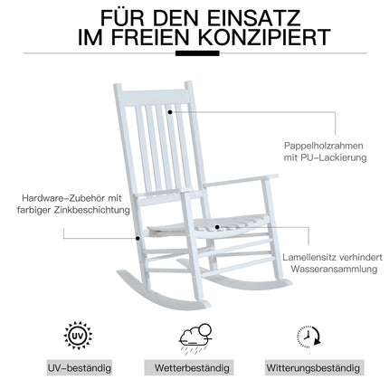 White wooden rocking chair with armrests for garden relaxation