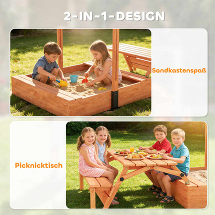 Wooden Sandbox with Adjustable Roof and Picnic Table