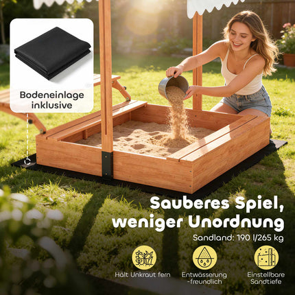 Wooden Sandbox with Adjustable Roof and Picnic Table
