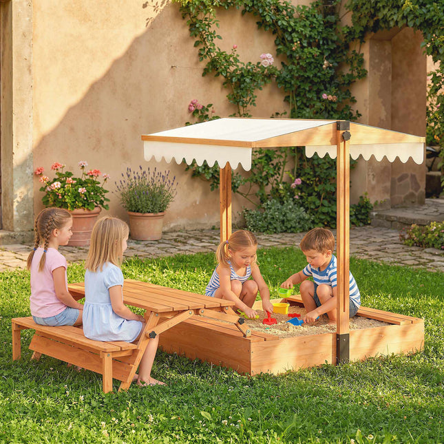 Wooden Sandbox with Adjustable Roof and Picnic Table