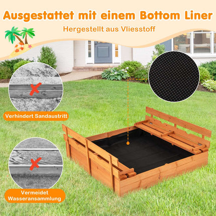 Wooden Sandbox with Benches, Lid & Liner, 120x120 cm