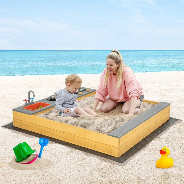 Wooden Sandbox with Kitchen Accessories & Bench Seat