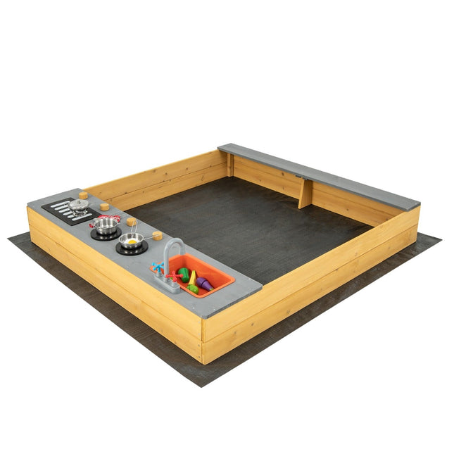 Wooden Sandbox with Kitchen Accessories & Bench Seat