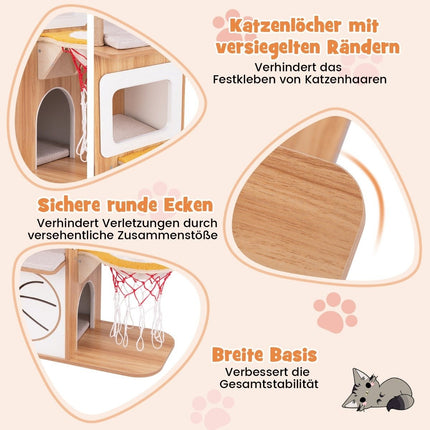 Wooden Scratching Post 120cm Sports Theme Climbing Tower with 2-Tier Cat House Natural
