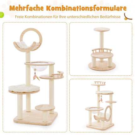Wooden Scratching Post 4 DIY Shapes Cat Tree with Platforms & Space Capsule & Sisal Posts 60 x 60 x 146 cm Oak Wood Beige