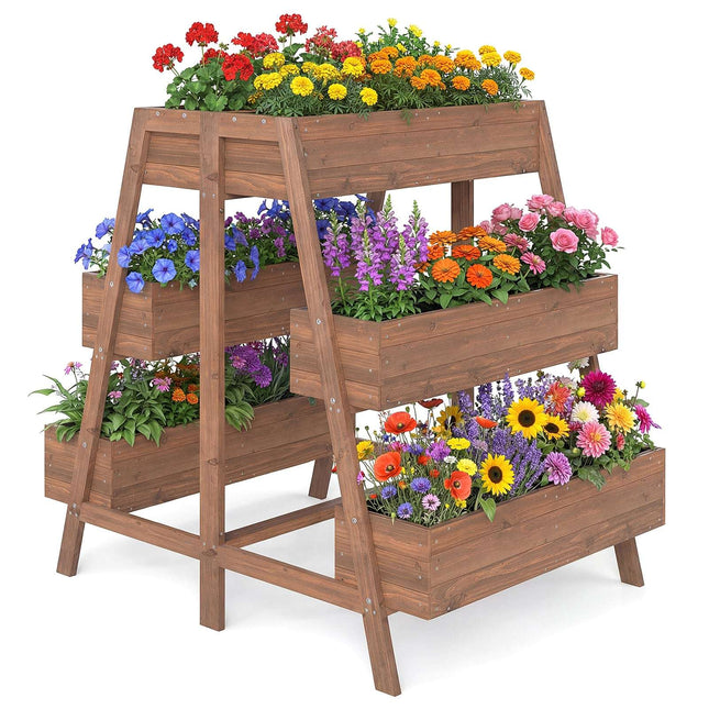 Wooden Tiered Raised Garden Bed with 6 Planters, 126x90x115 cm