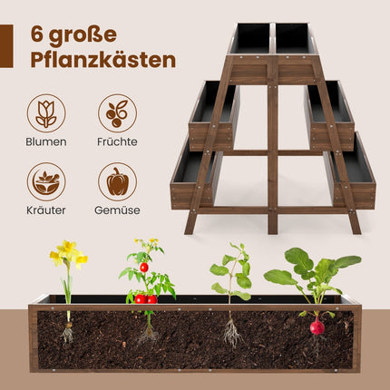 Wooden Tiered Raised Garden Bed with 6 Planters, 126x90x115 cm