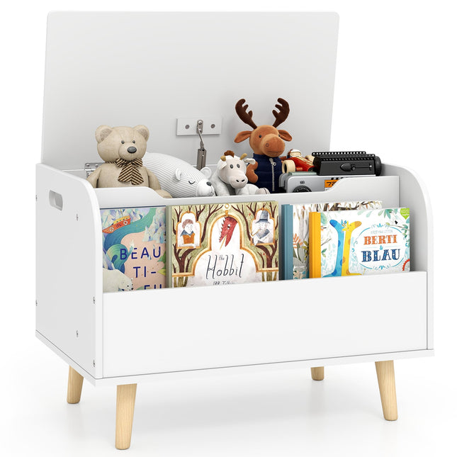Wooden Toy Box with Front Bookshelf & Lid – White
