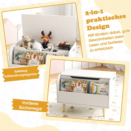 Wooden Toy Box with Front Bookshelf & Lid – White