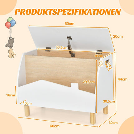 Wooden Toy Box with Shelf, Hinged Lid, 60x30x44 cm, White