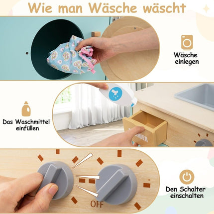 Wooden Toy Washing Machine with Detergent, Sink, and Accessories