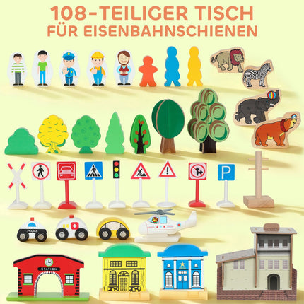 Wooden Train Set Table, 108 Pieces, Removable Top, 98x60.5x40 cm